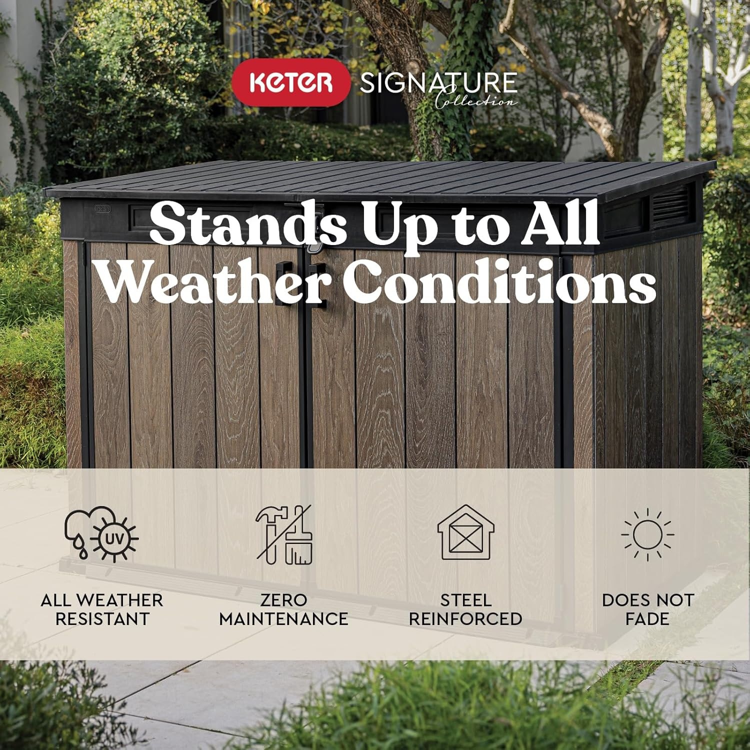 image:imageKeter Signature Collection All Weather Outdoor Storage Shed Durable Resin Garden Shed with Builtin Ventilation amp Lockable Double Doors Walnut Finish