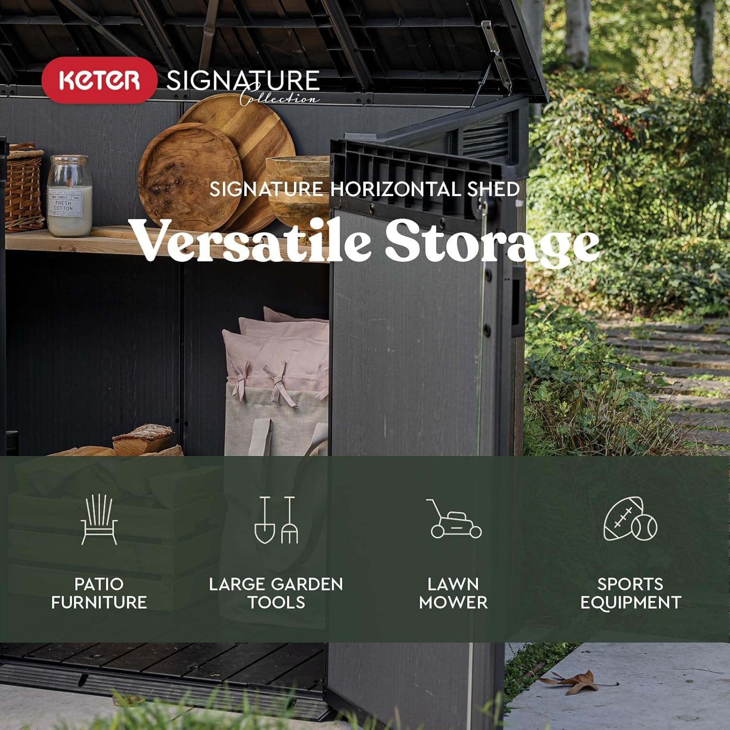image:imageKeter Signature Collection All Weather Outdoor Storage Shed Durable Resin Garden Shed with Builtin Ventilation amp Lockable Double Doors Walnut Finish