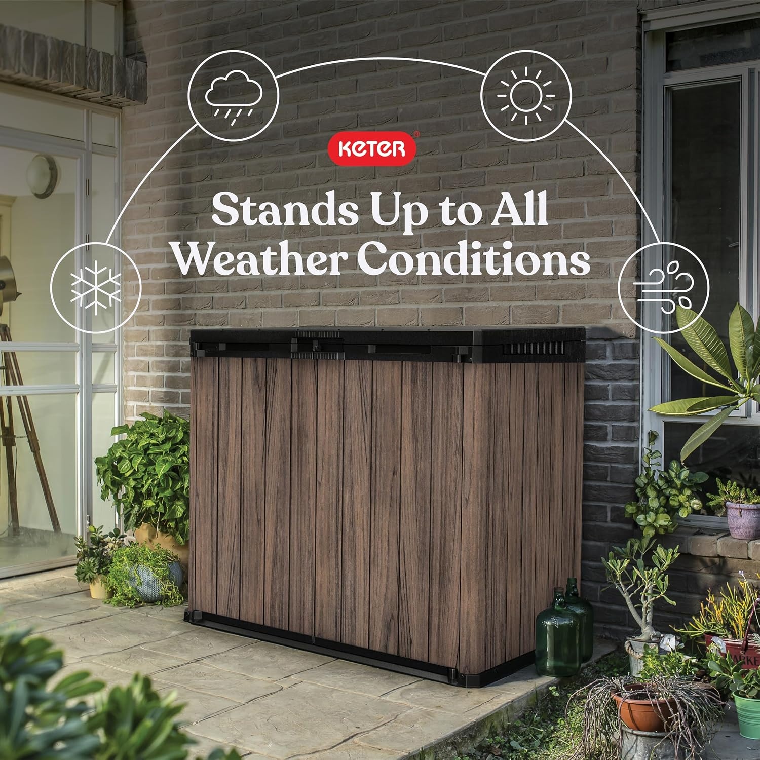 image:imageKeter Signature Collection Rosewood 4 ft x 25 ft Outdoor Horizontal Storage Shed Brown WoodLook Resin Shed with Flat Roof WeatherResistant Patio Storage for Trash Cans Tools amp Garden Equipment