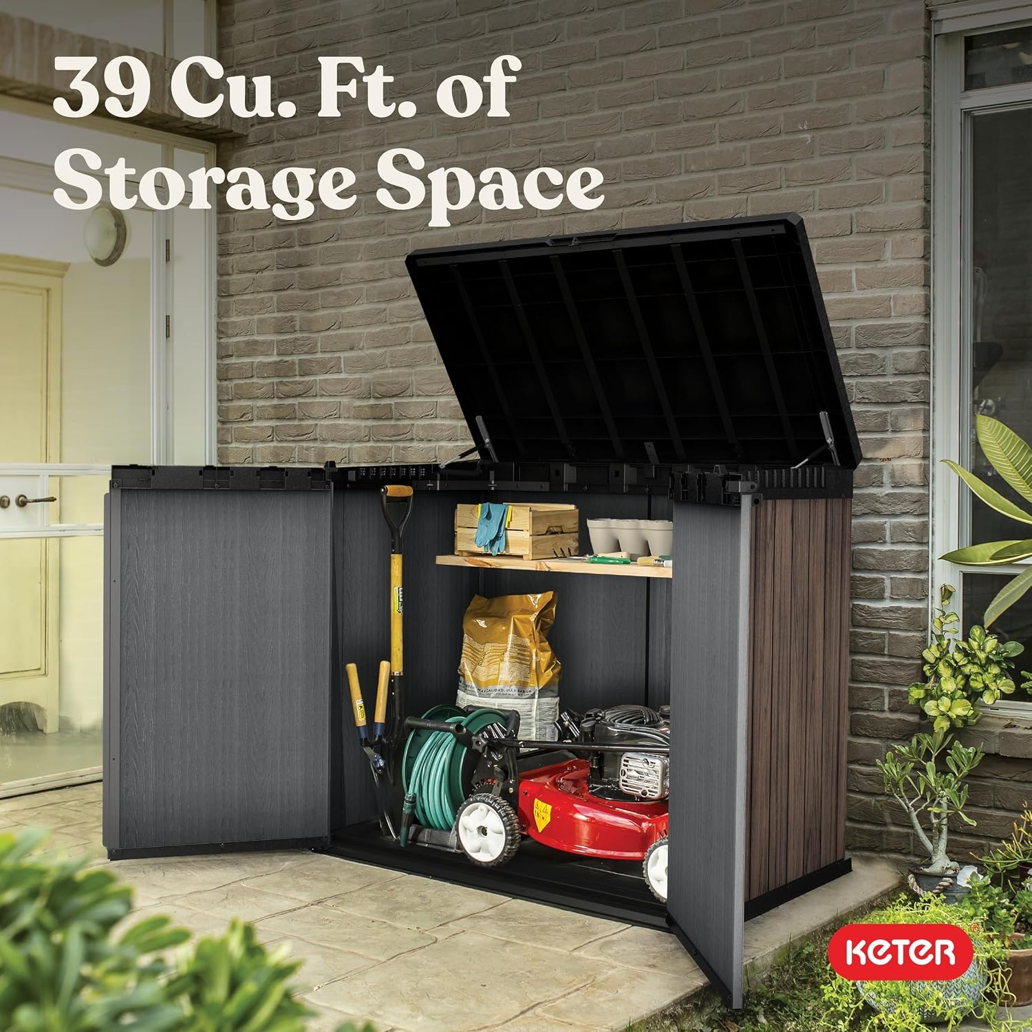 image:imageKeter Signature Collection Rosewood 4 ft x 25 ft Outdoor Horizontal Storage Shed Brown WoodLook Resin Shed with Flat Roof WeatherResistant Patio Storage for Trash Cans Tools amp Garden Equipment