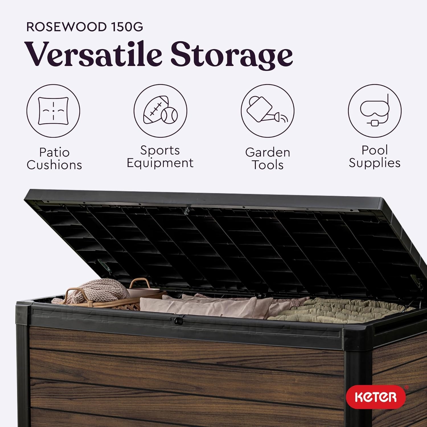 image:imageKeter Signature Everwood 30 Gallon Resin Outdoor Storage Box and Patio Furniture Side Table for Pool and Garden Accessories WalnutRosewood