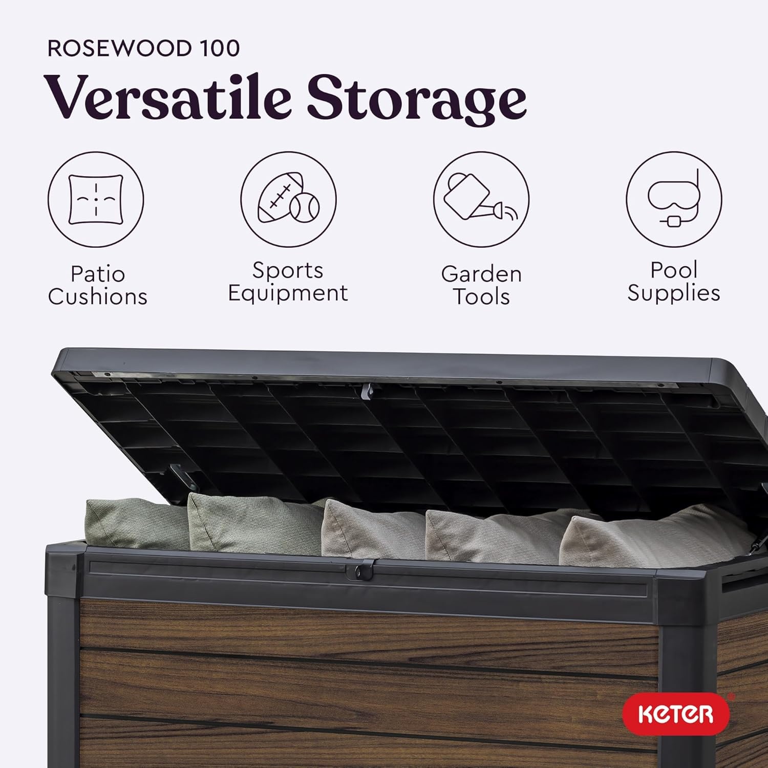 image:imageKeter Signature Everwood 30 Gallon Resin Outdoor Storage Box and Patio Furniture Side Table for Pool and Garden Accessories WalnutRosewood
