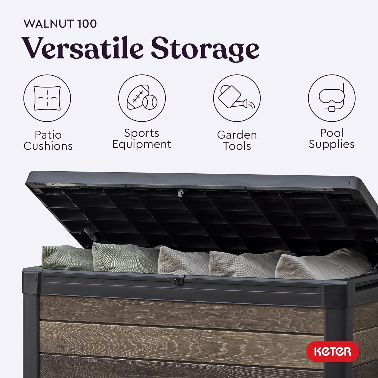 image:imageKeter Signature Everwood 30 Gallon Resin Outdoor Storage Box and Patio Furniture Side Table for Pool and Garden Accessories WalnutWalnut