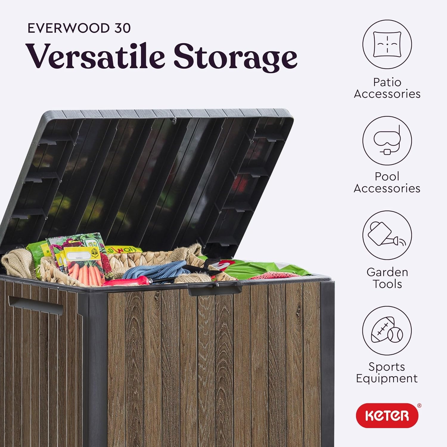 image:imageKeter Signature Everwood 30 Gallon Resin Outdoor Storage Box and Patio Furniture Side Table for Pool and Garden Accessories WalnutWalnut
