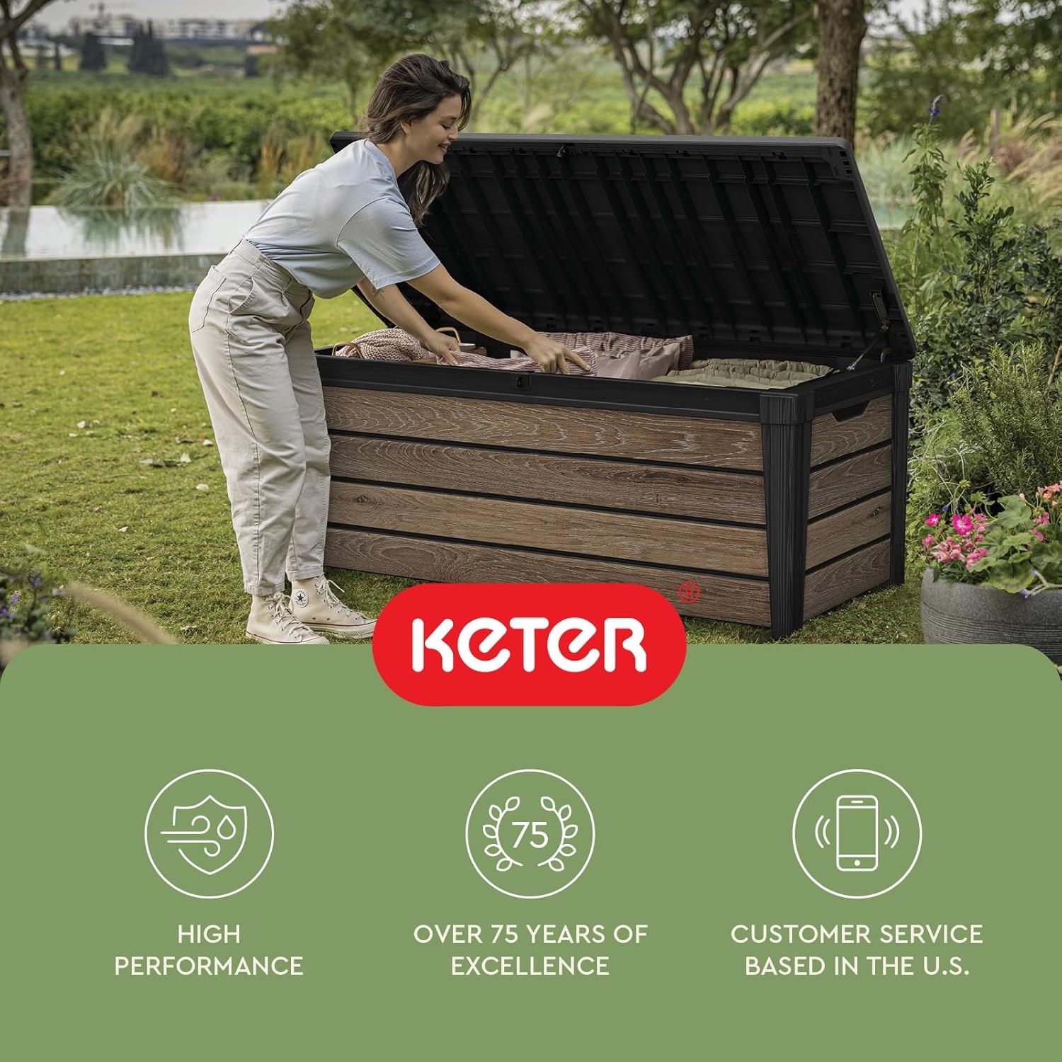 image:imageKeter Signature Everwood 30 Gallon Resin Outdoor Storage Box and Patio Furniture Side Table for Pool and Garden Accessories WalnutWalnut