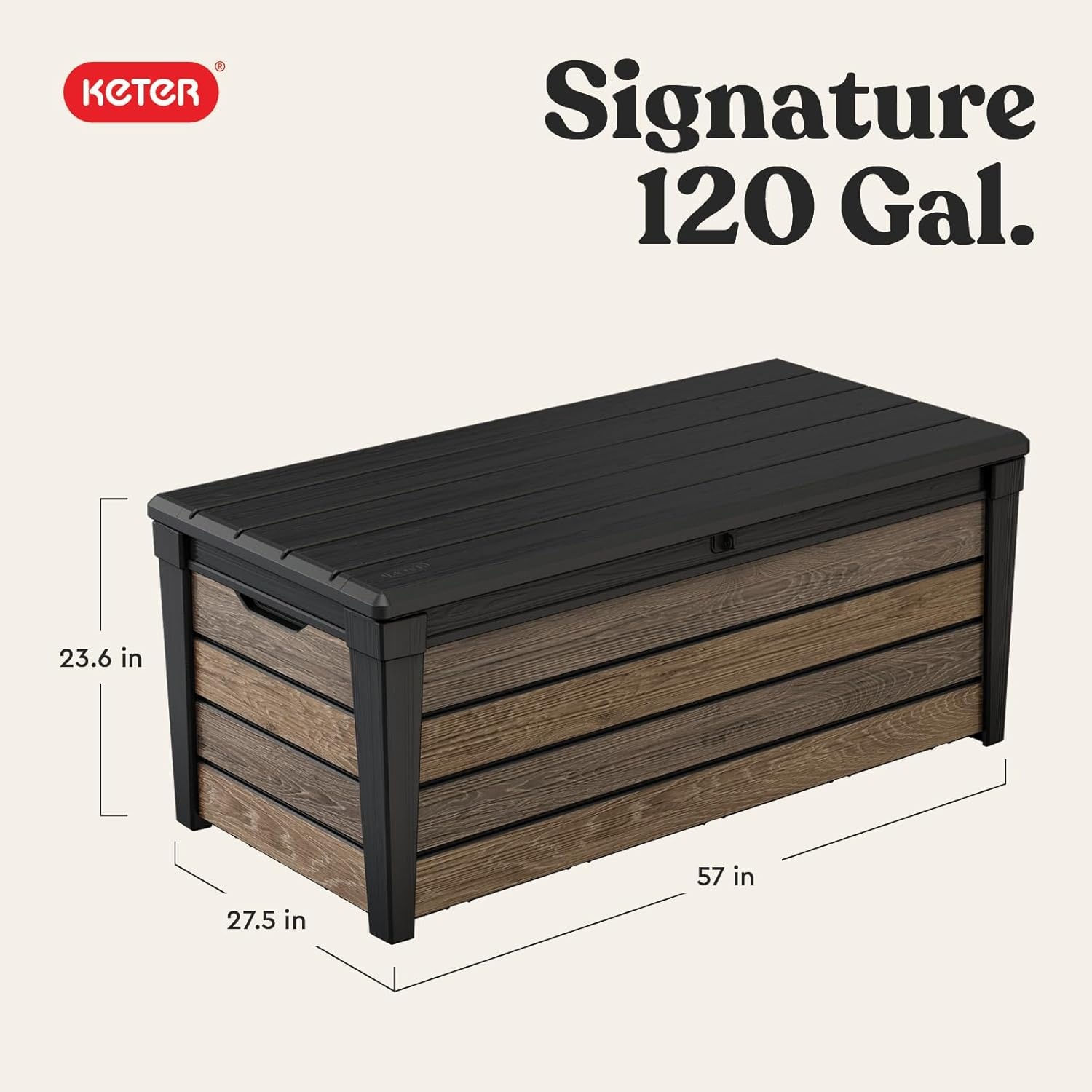 image:imageKeter Signature Everwood 30 Gallon Resin Outdoor Storage Box and Patio Furniture Side Table for Pool and Garden Accessories WalnutWalnut