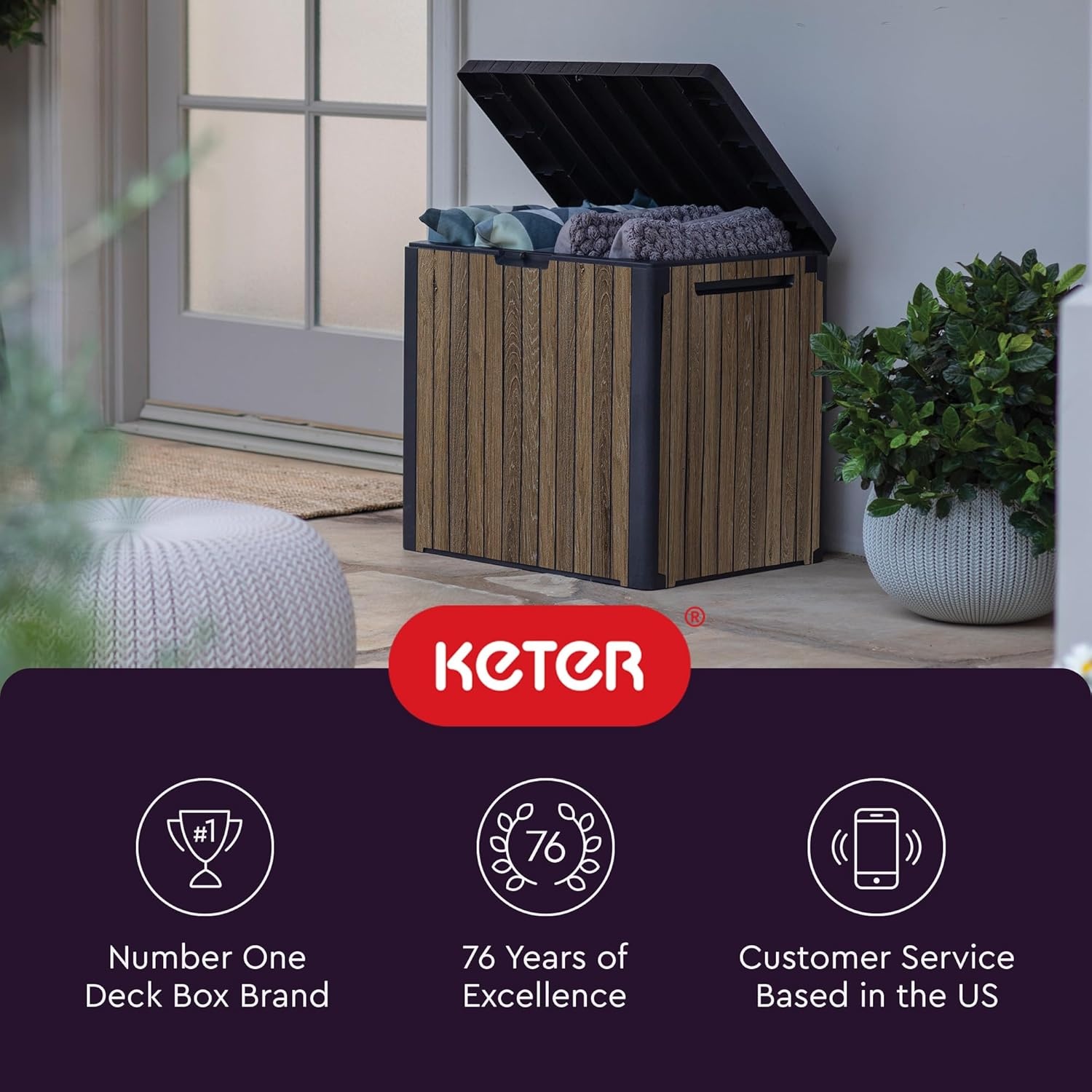 image:imageKeter Signature Everwood 30 Gallon Resin Outdoor Storage Box and Patio Furniture Side Table for Pool and Garden Accessories WalnutWalnut