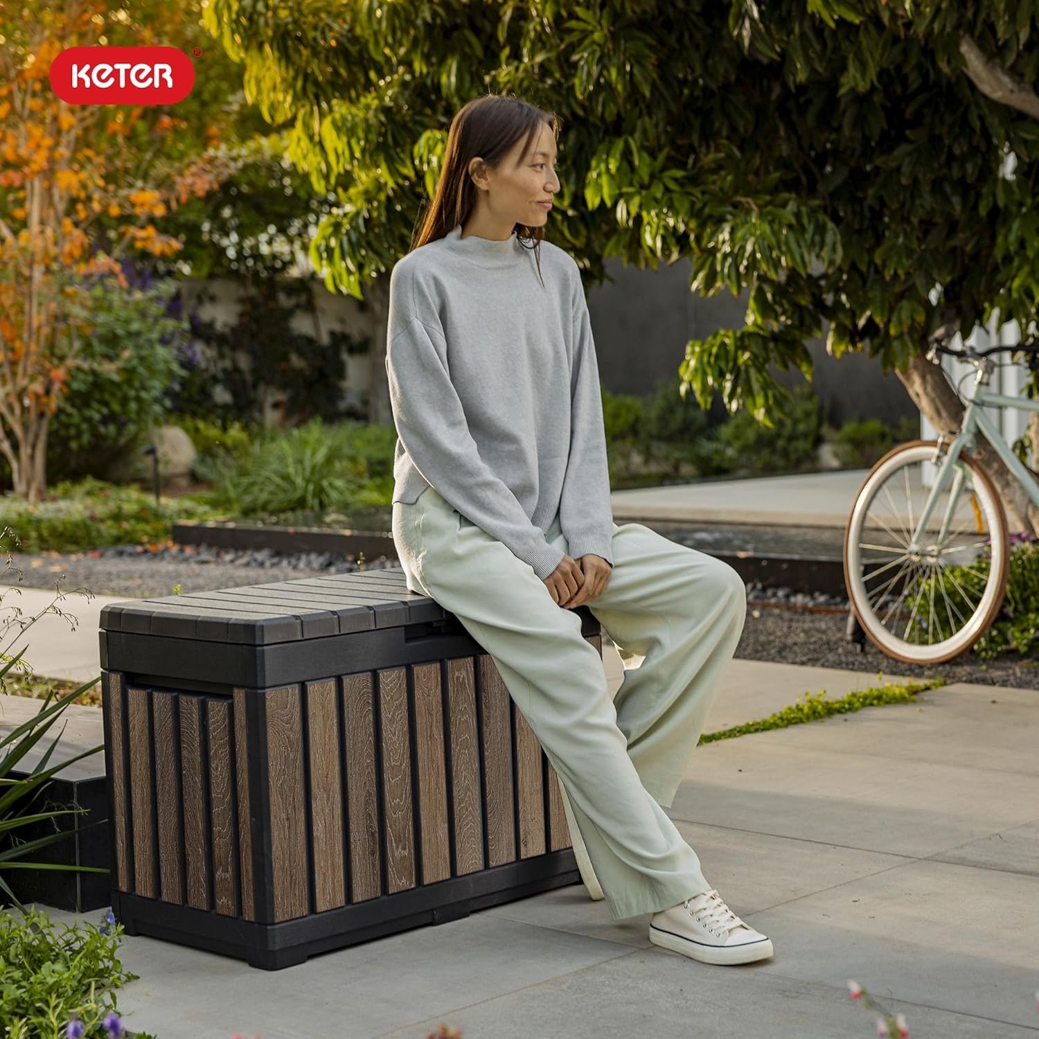 image:imageKeter Signature Everwood 30 Gallon Resin Outdoor Storage Box and Patio Furniture Side Table for Pool and Garden Accessories WalnutWalnut