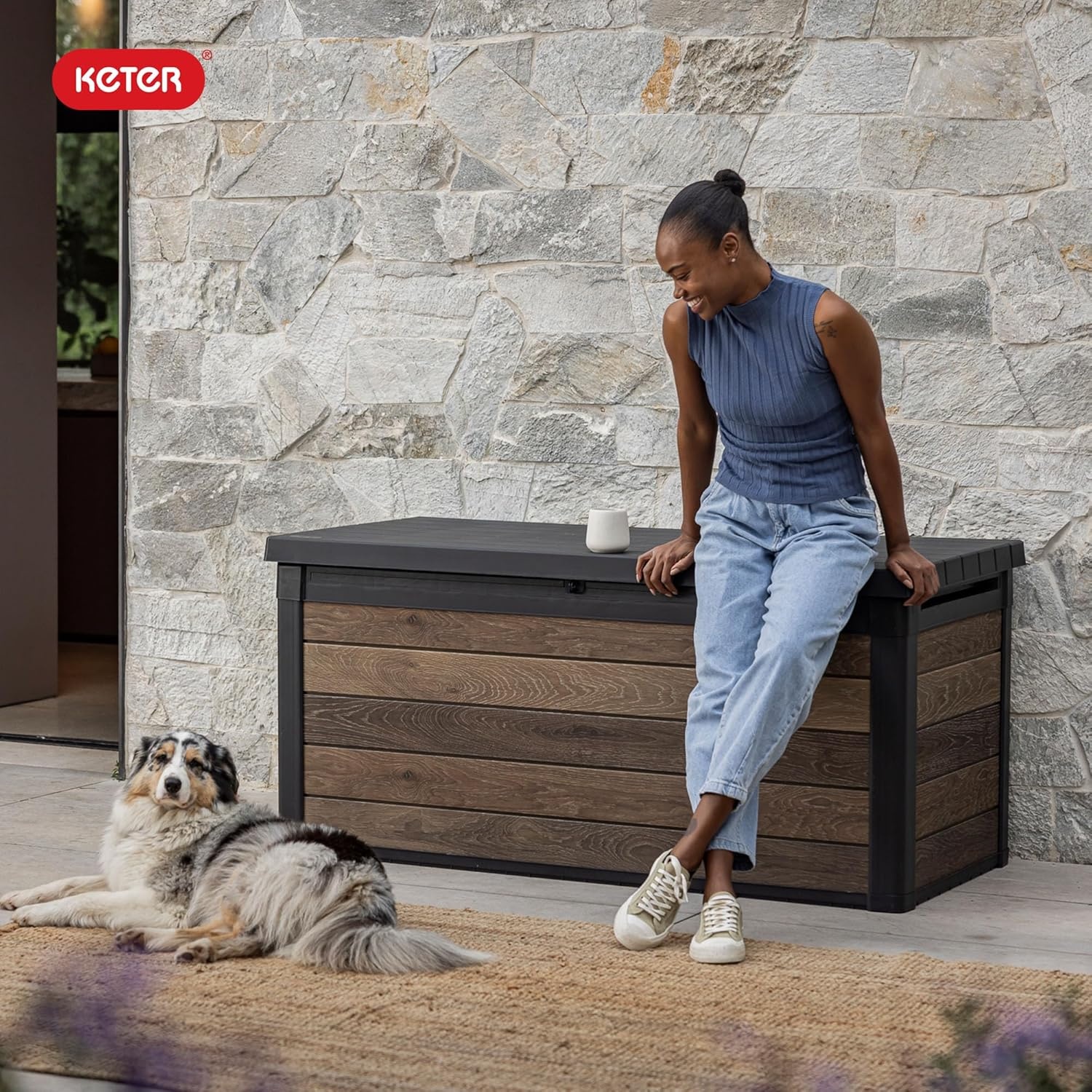 image:imageKeter Signature Everwood 30 Gallon Resin Outdoor Storage Box and Patio Furniture Side Table for Pool and Garden Accessories WalnutWalnut