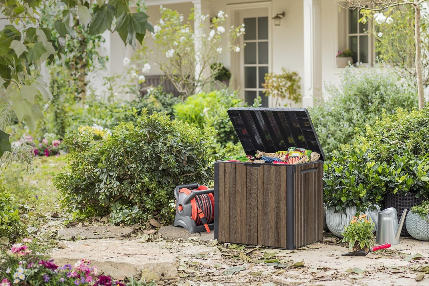 image:imageKeter Signature Everwood 30 Gallon Resin Outdoor Storage Box and Patio Furniture Side Table for Pool and Garden Accessories WalnutWalnut