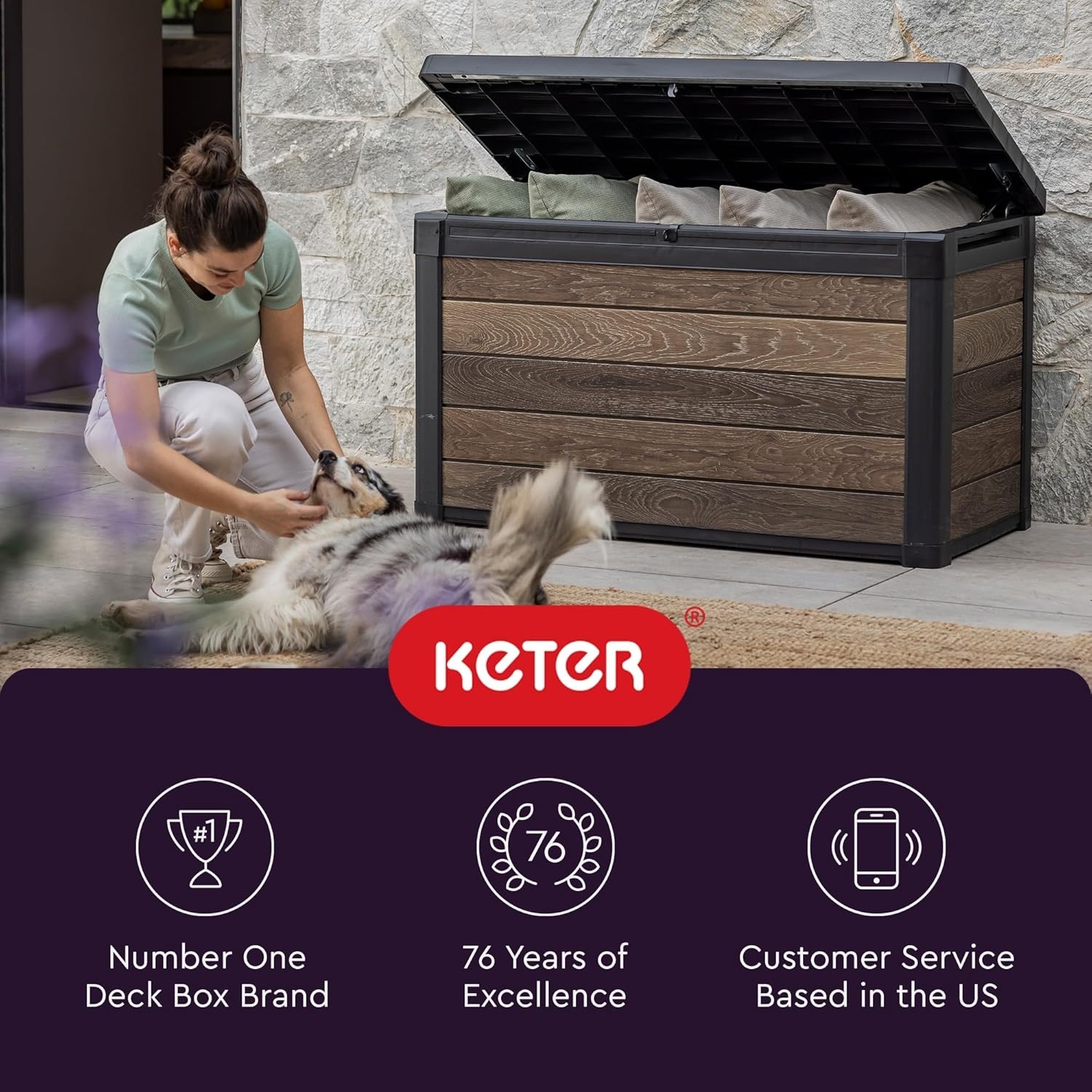 image:imageKeter Signature Everwood 30 Gallon Resin Outdoor Storage Box and Patio Furniture Side Table for Pool and Garden Accessories WalnutWalnut
