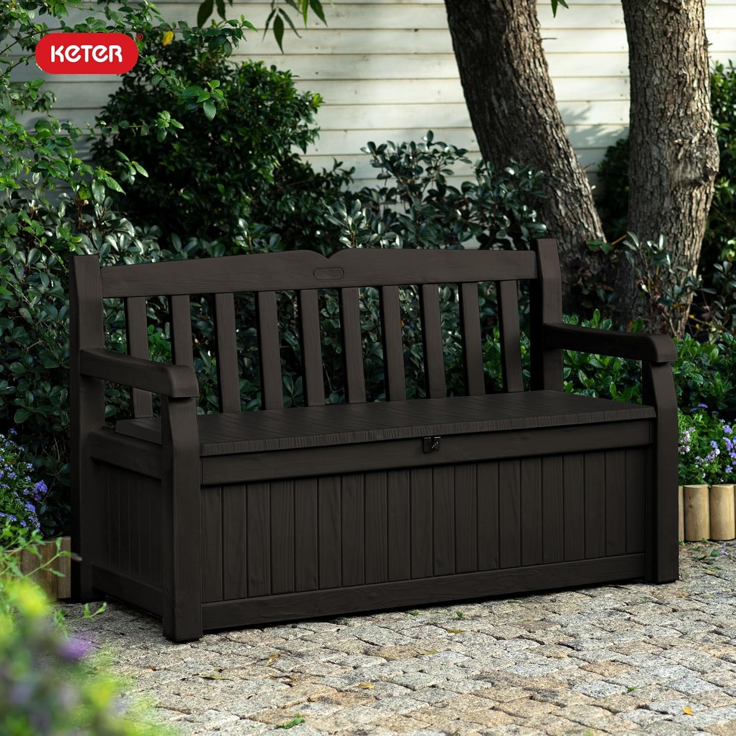 image:imageKeter Solana 70 Gallon Storage Bench Deck Box for Patio Furniture Front Porch Decor and Outdoor Seating Perfect to Store Garden Tools and Pool Floats GraphiteBrown