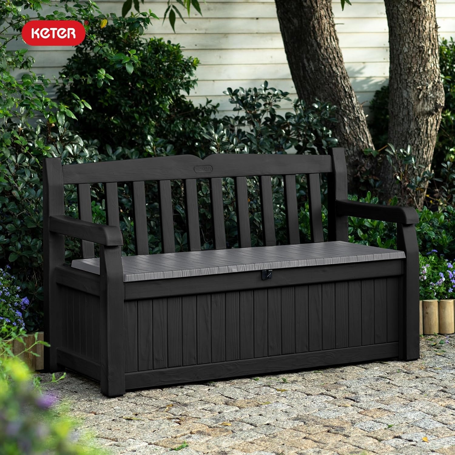 image:imageKeter Solana 70 Gallon Storage Bench Deck Box for Patio Furniture Front Porch Decor and Outdoor Seating Perfect to Store Garden Tools and Pool Floats GraphiteGraphite