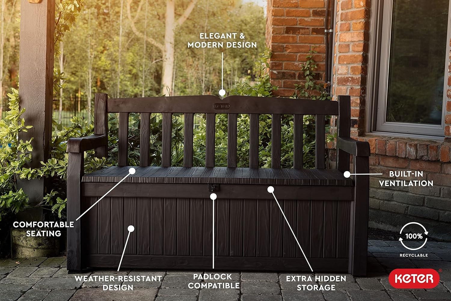image:imageKeter Solana 70 Gallon Storage Bench Deck Box for Patio Furniture Front Porch Decor and Outdoor Seating Perfect to Store Garden Tools and Pool Floats GraphiteBrown