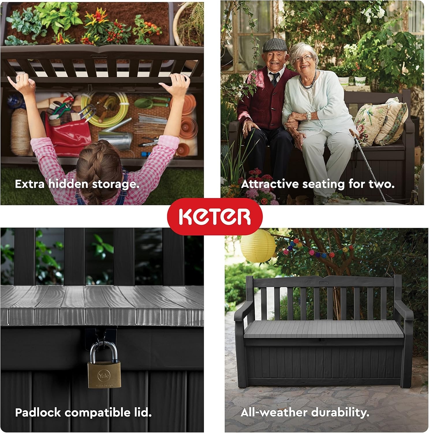 image:imageKeter Solana 70 Gallon Storage Bench Deck Box for Patio Furniture Front Porch Decor and Outdoor Seating Perfect to Store Garden Tools and Pool Floats GraphiteBrown