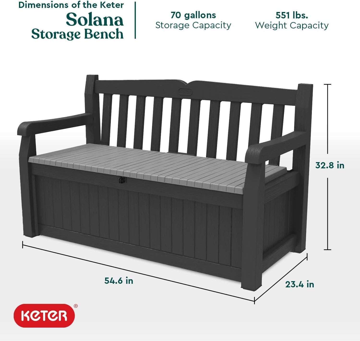 image:imageKeter Solana 70 Gallon Storage Bench Deck Box for Patio Furniture Front Porch Decor and Outdoor Seating Perfect to Store Garden Tools and Pool Floats GraphiteGraphite