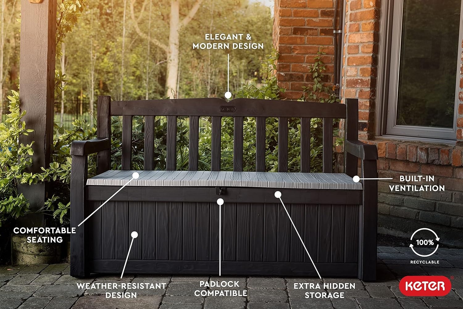 image:imageKeter Solana 70 Gallon Storage Bench Deck Box for Patio Furniture Front Porch Decor and Outdoor Seating Perfect to Store Garden Tools and Pool Floats GraphiteGraphite
