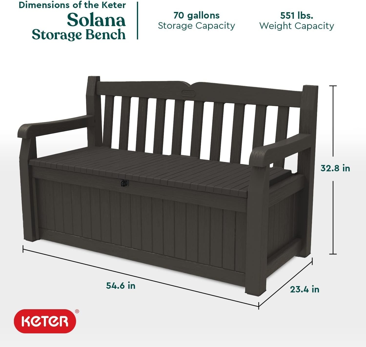 image:imageKeter Solana 70 Gallon Storage Bench Deck Box for Patio Furniture Front Porch Decor and Outdoor Seating Perfect to Store Garden Tools and Pool Floats GraphiteBrown