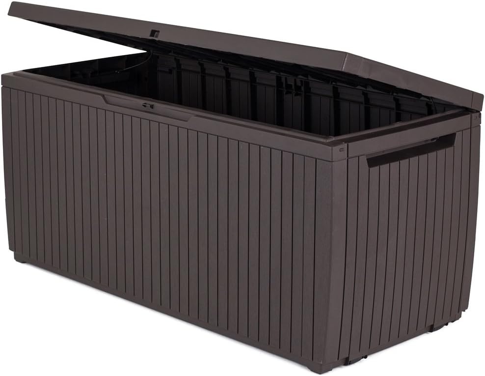 image:imageKeter Springwood 80 Gallon Resin Outdoor Storage Box for Patio Furniture Cushions Pool Toys and Garden Tools with Handles BrownBOX