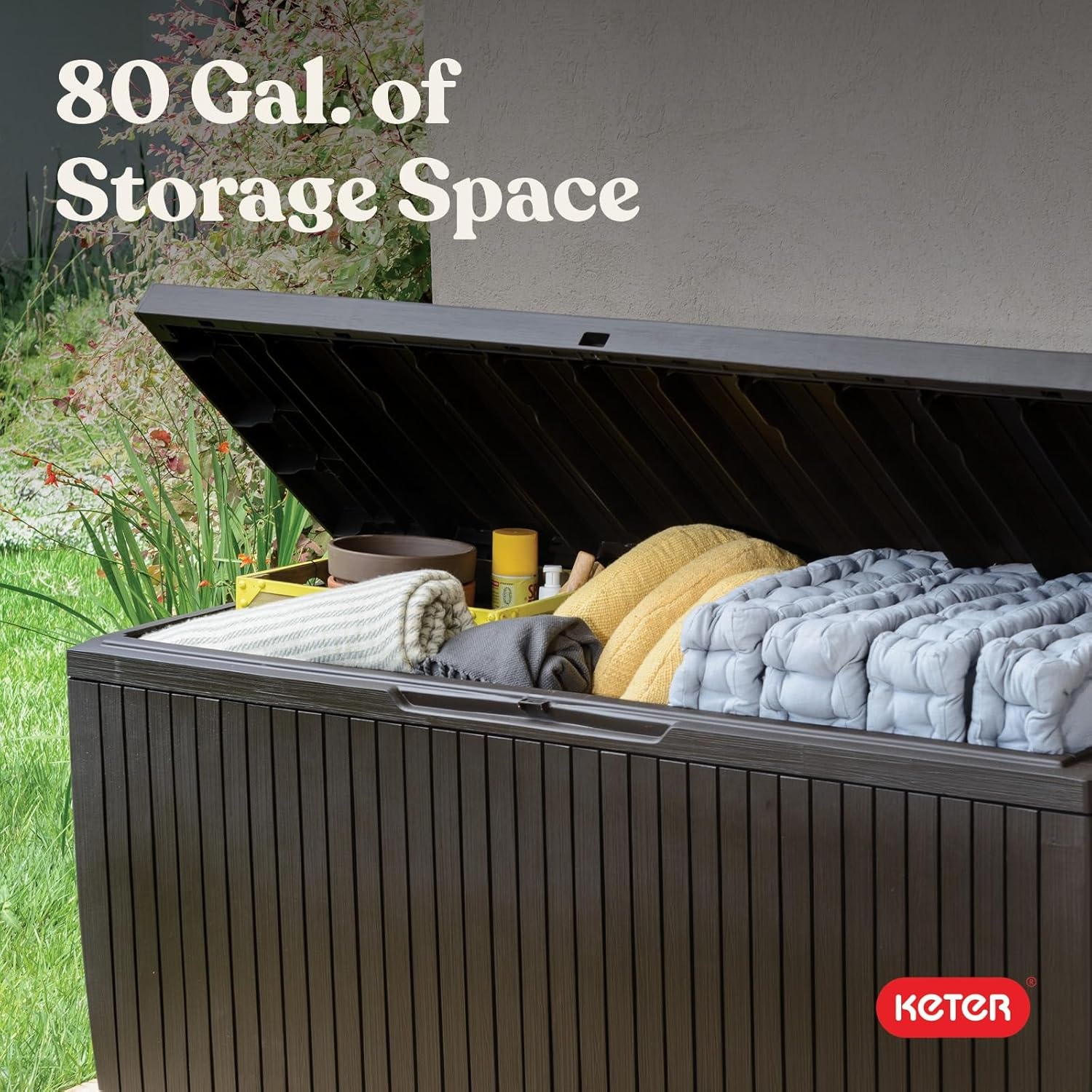 image:imageKeter Springwood 80 Gallon Resin Outdoor Storage Box for Patio Furniture Cushions Pool Toys and Garden Tools with Handles BrownBOX
