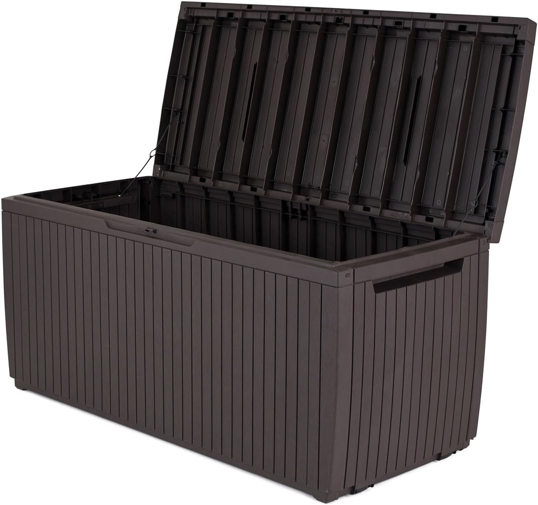 image:imageKeter Springwood 80 Gallon Resin Outdoor Storage Box for Patio Furniture Cushions Pool Toys and Garden Tools with Handles BrownBOX