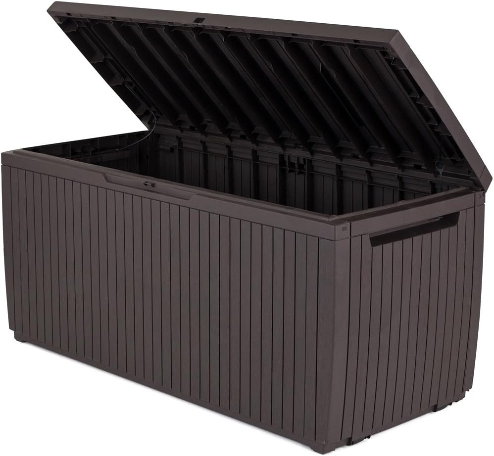 image:imageKeter Springwood 80 Gallon Resin Outdoor Storage Box for Patio Furniture Cushions Pool Toys and Garden Tools with Handles BrownBOX