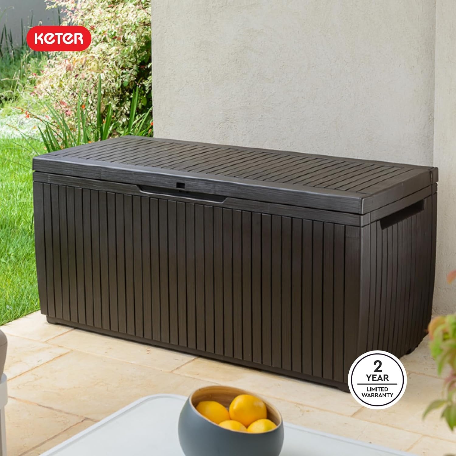 image:imageKeter Springwood 80 Gallon Resin Outdoor Storage Box for Patio Furniture Cushions Pool Toys and Garden Tools with Handles BrownBOX