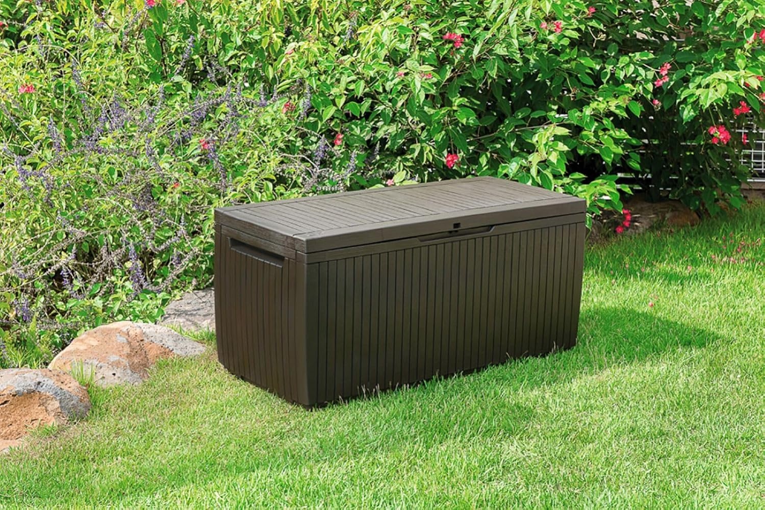 image:imageKeter Springwood 80 Gallon Resin Outdoor Storage Box for Patio Furniture Cushions Pool Toys and Garden Tools with Handles BrownBOX