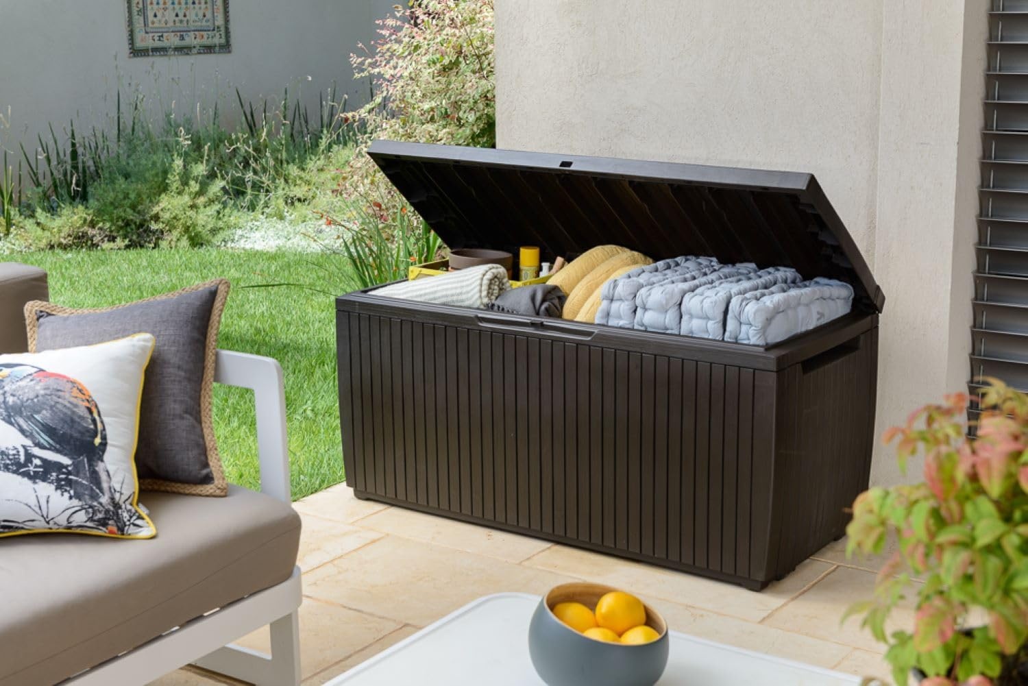 image:imageKeter Springwood 80 Gallon Resin Outdoor Storage Box for Patio Furniture Cushions Pool Toys and Garden Tools with Handles BrownBOX