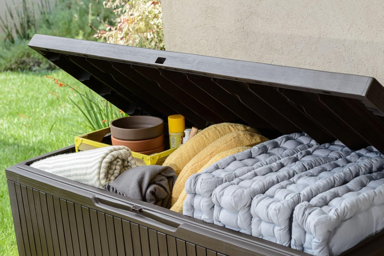 image:imageKeter Springwood 80 Gallon Resin Outdoor Storage Box for Patio Furniture Cushions Pool Toys and Garden Tools with Handles BrownBOX