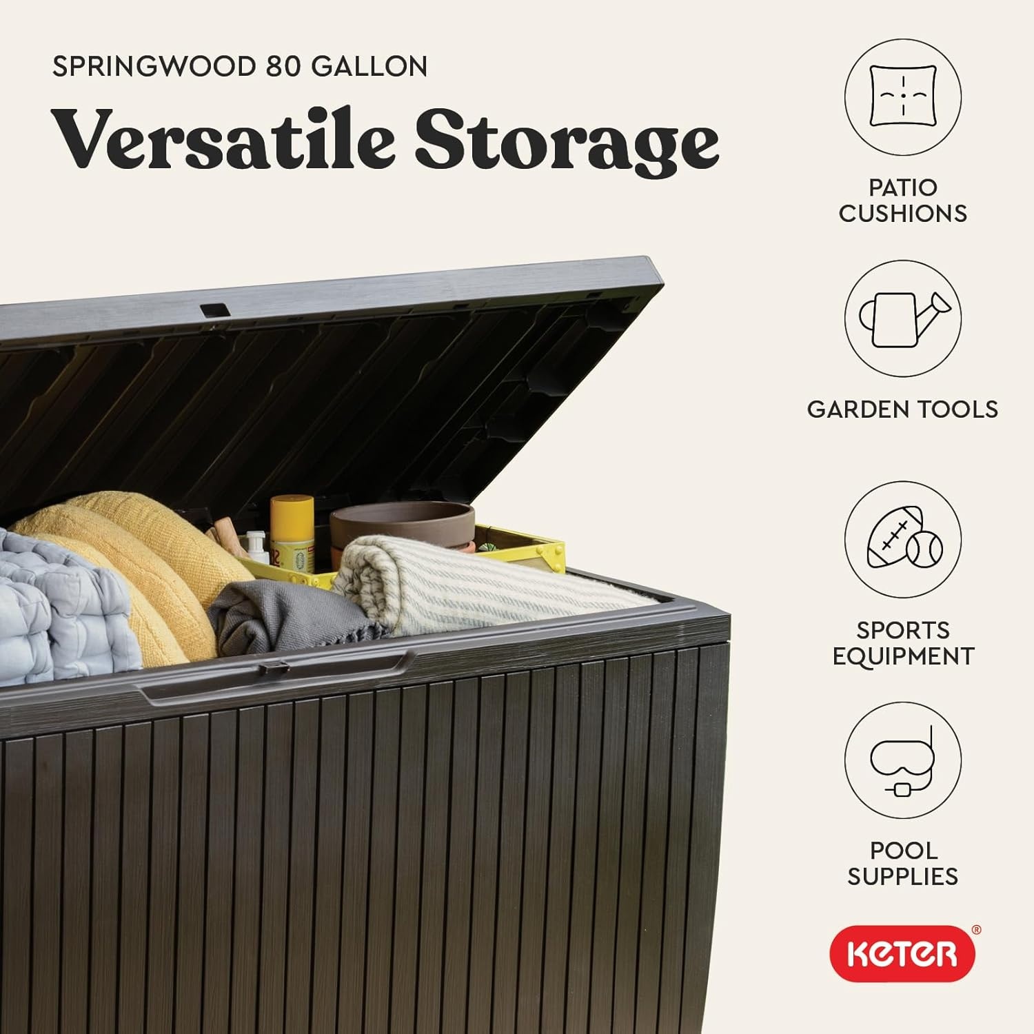 image:imageKeter Springwood 80 Gallon Resin Outdoor Storage Box for Patio Furniture Cushions Pool Toys and Garden Tools with Handles BrownBOX