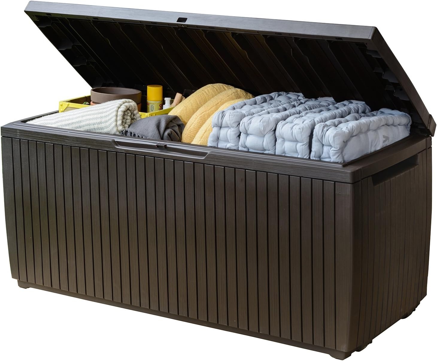 image:imageKeter Springwood 80 Gallon Resin Outdoor Storage Box for Patio Furniture Cushions Pool Toys and Garden Tools with Handles BrownBOX