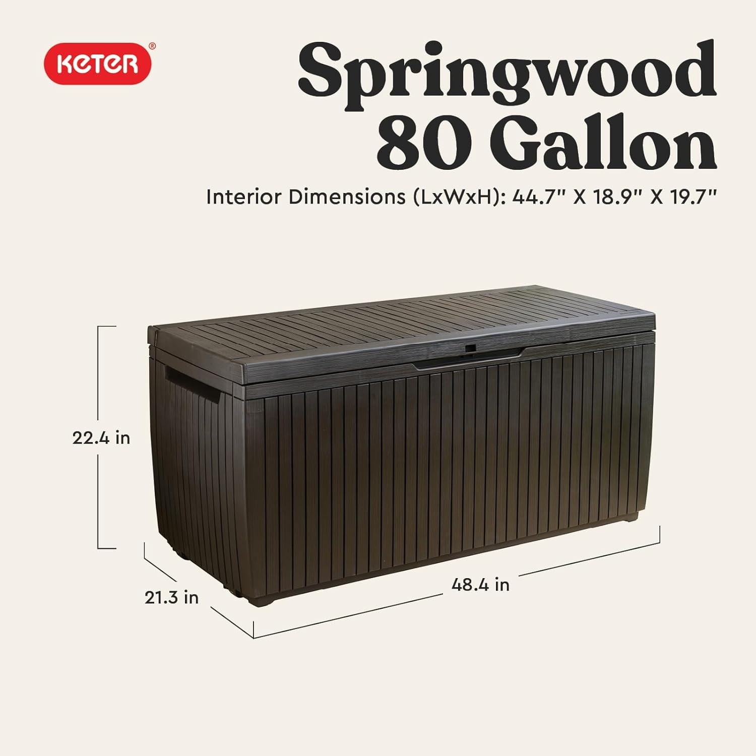 image:imageKeter Springwood 80 Gallon Resin Outdoor Storage Box for Patio Furniture Cushions Pool Toys and Garden Tools with Handles BrownBOX