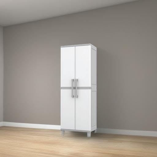 image:imageKeter Storage Cabinet with Doors and Shelves for Laundry Room Garage Bathroom Accessories Closet and Home Organization White amp Grey