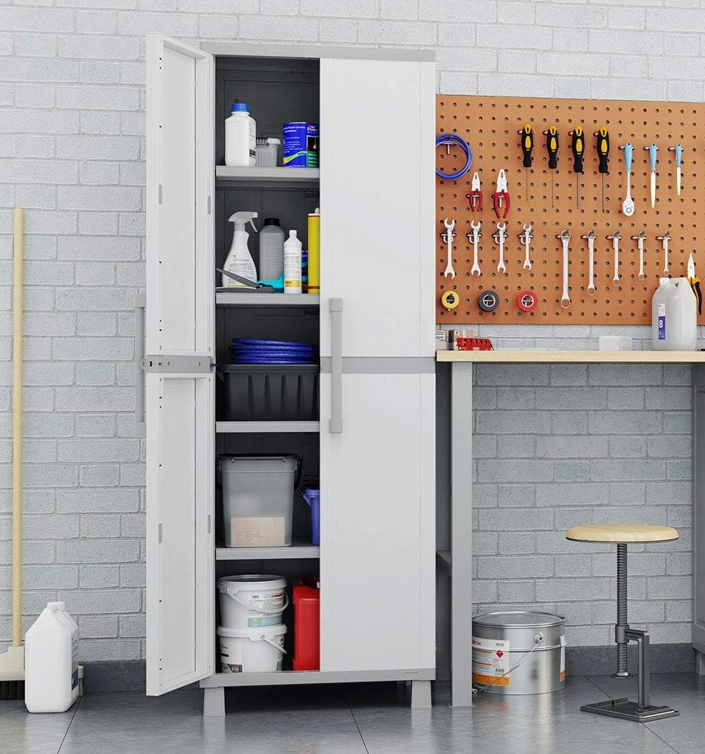 image:imageKeter Storage Cabinet with Doors and Shelves for Laundry Room Garage Bathroom Accessories Closet and Home Organization White amp Grey