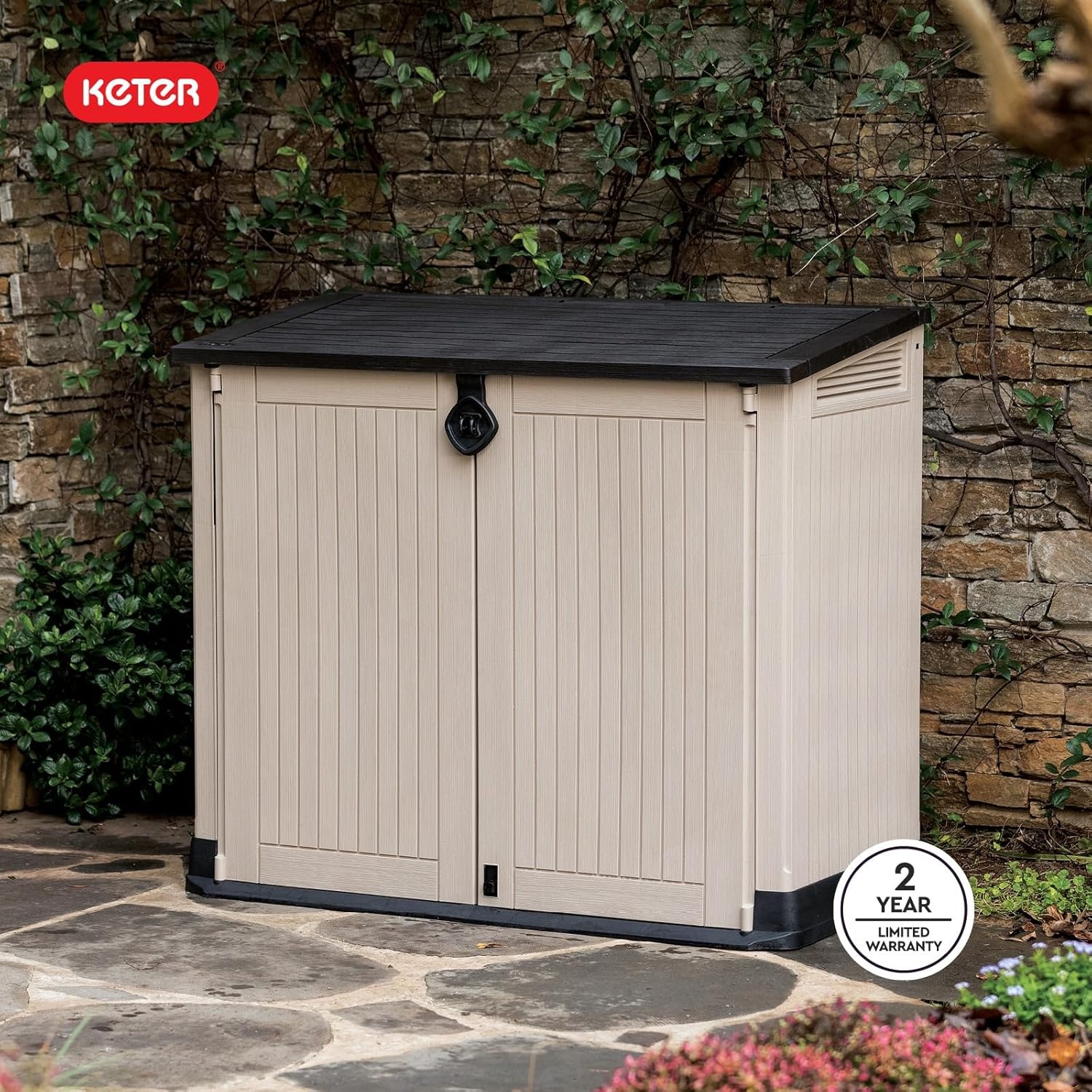 image:imageKeter StoreItOut Prime 43 x 37 ft Outdoor Resin Storage Shed with Easy Lift Hinges Perfect for Yard Tools Pool Toys and Garden Accessories GreyBeige