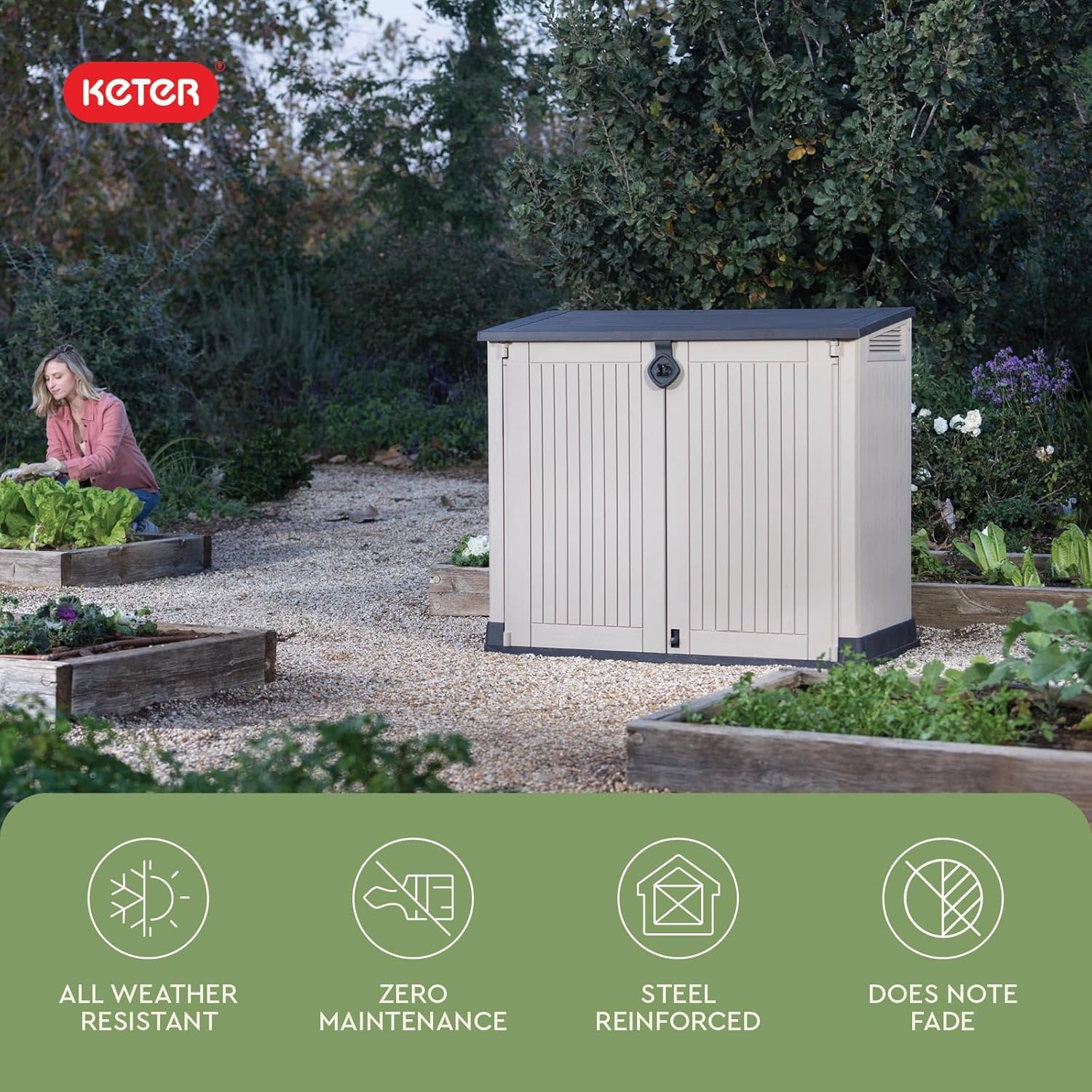 image:imageKeter StoreItOut Prime 43 x 37 ft Outdoor Resin Storage Shed with Easy Lift Hinges Perfect for Yard Tools Pool Toys and Garden Accessories GreyBeige