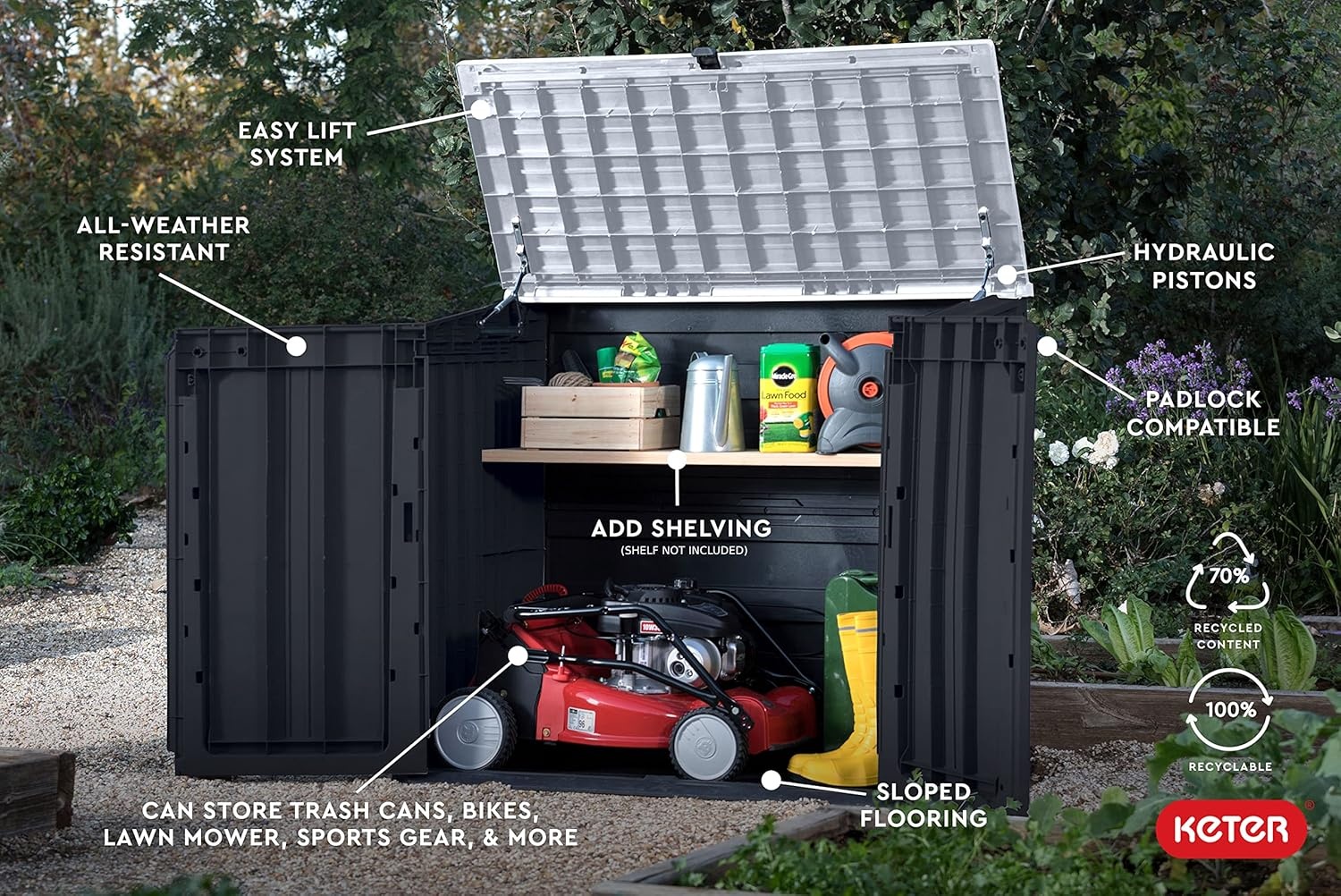 image:imageKeter StoreItOut Prime 43 x 37 ft Outdoor Resin Storage Shed with Easy Lift Hinges Perfect for Yard Tools Pool Toys and Garden Accessories GreyBlack