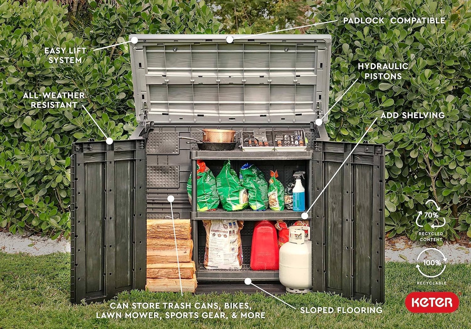 image:imageKeter StoreItOut Prime 43 x 37 ft Outdoor Resin Storage Shed with Easy Lift Hinges Perfect for Yard Tools Pool Toys and Garden Accessories GreyBlack