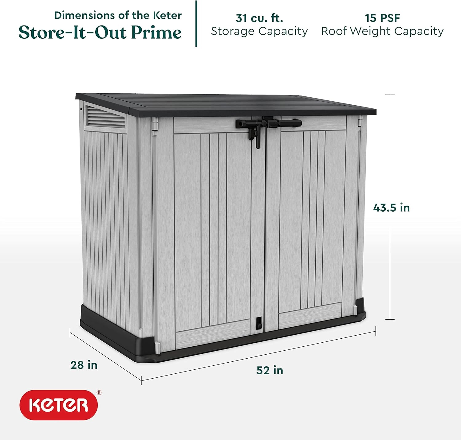 image:imageKeter StoreItOut Prime 43 x 37 ft Outdoor Resin Storage Shed with Easy Lift Hinges Perfect for Yard Tools Pool Toys and Garden Accessories GreyGray