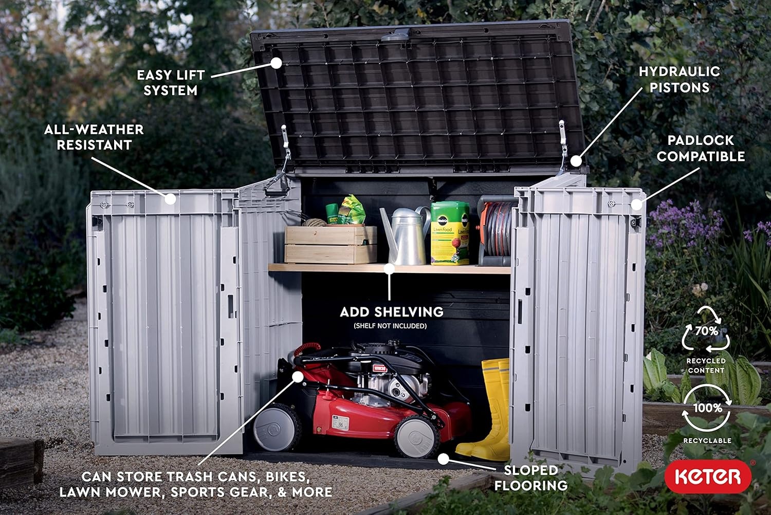 image:imageKeter StoreItOut Prime 43 x 37 ft Outdoor Resin Storage Shed with Easy Lift Hinges Perfect for Yard Tools Pool Toys and Garden Accessories GreyGray