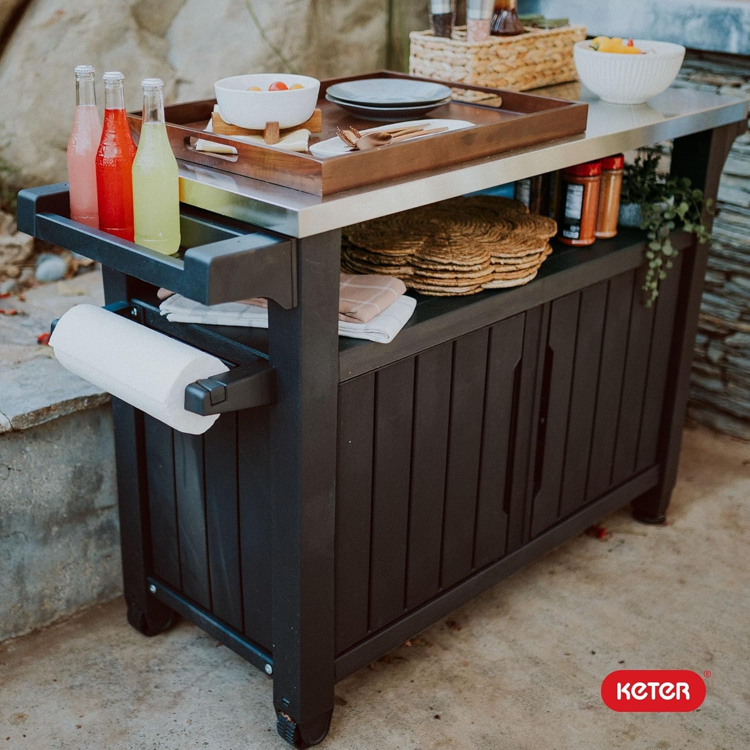 image:imageKeter Unity XL Portable Outdoor Table with Stainless Steel Top for Kitchen Prep and Outdoor Storage Cabinet for Grilling Accessories Dark GreyBrown