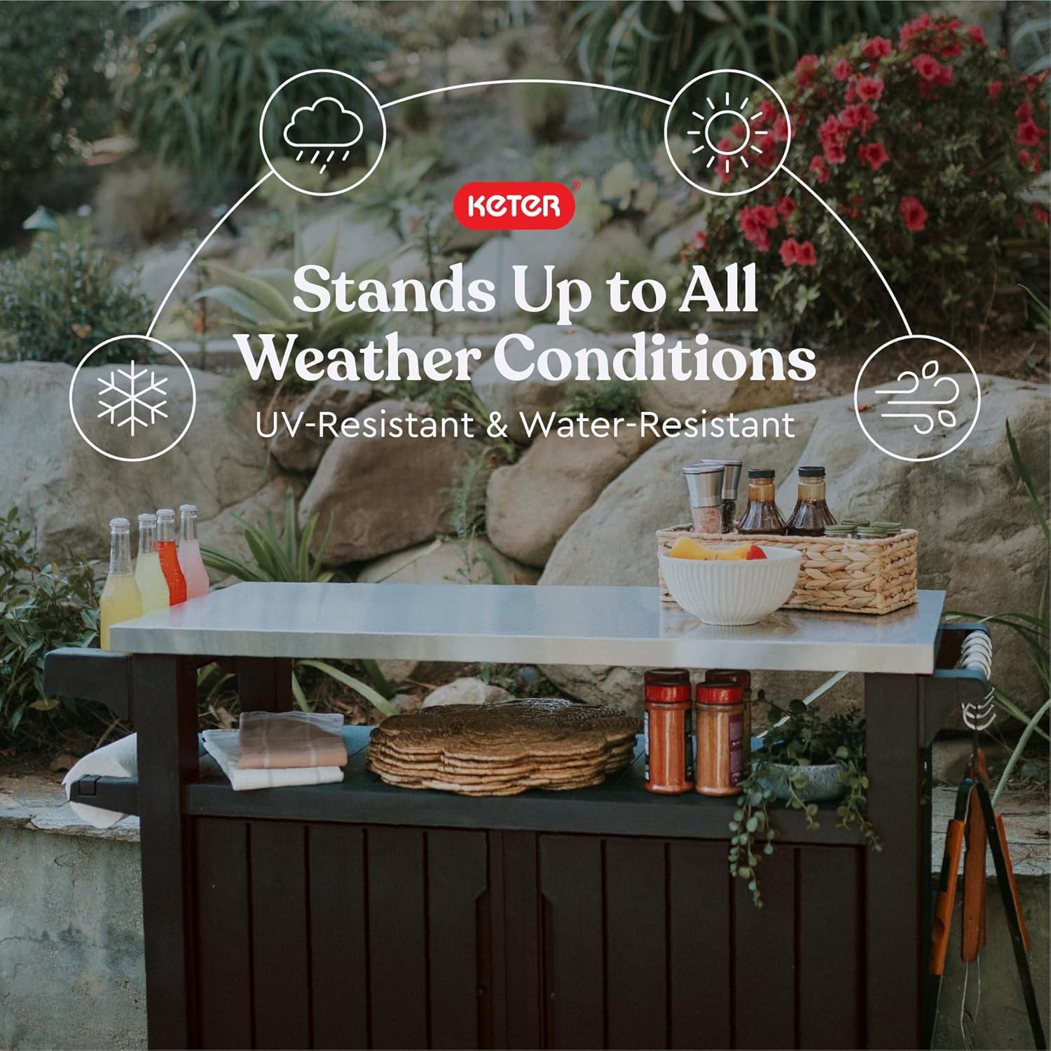 image:imageKeter Unity XL Portable Outdoor Table with Stainless Steel Top for Kitchen Prep and Outdoor Storage Cabinet for Grilling Accessories Dark GreyBrown
