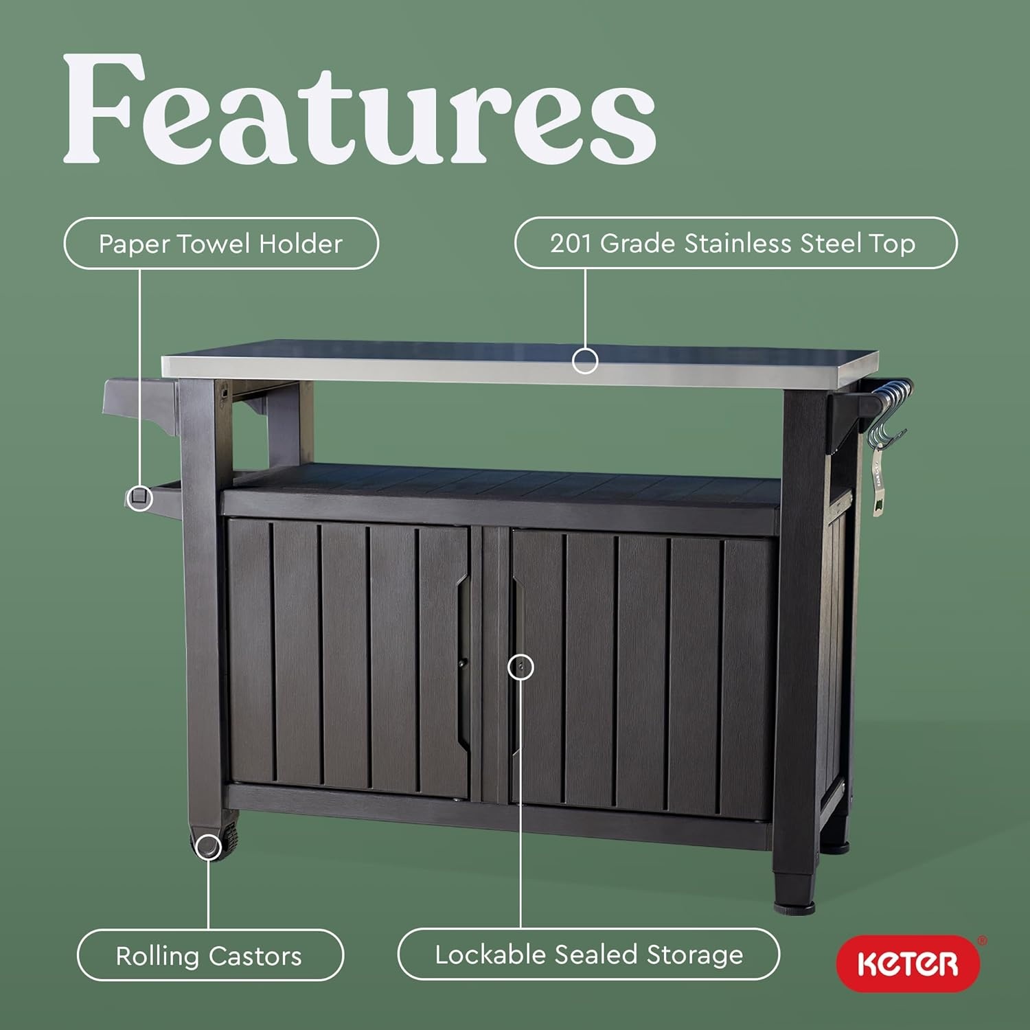 image:imageKeter Unity XL Portable Outdoor Table with Stainless Steel Top for Kitchen Prep and Outdoor Storage Cabinet for Grilling Accessories Dark GreyBrown