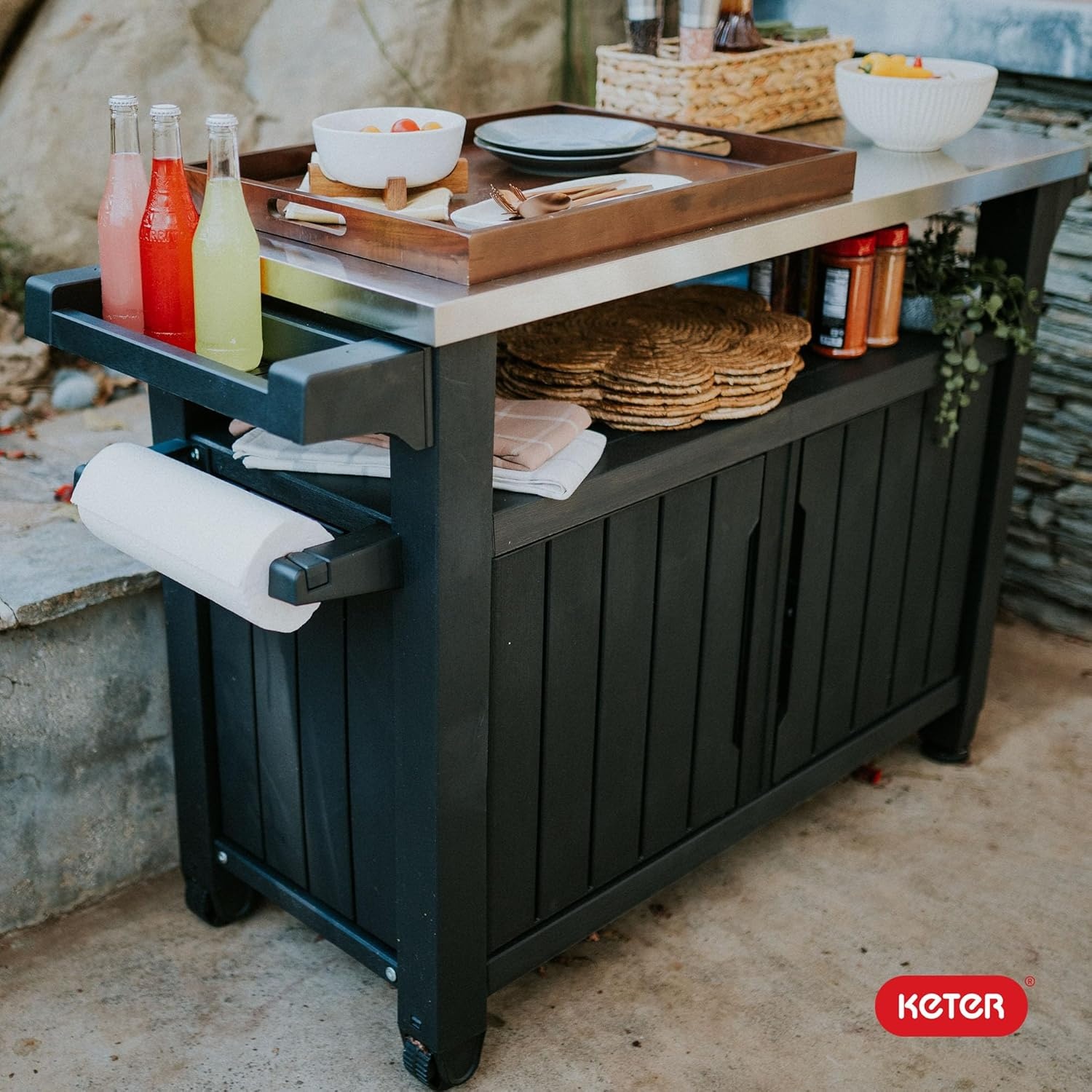 image:imageKeter Unity XL Portable Outdoor Table with Stainless Steel Top for Kitchen Prep and Outdoor Storage Cabinet for Grilling Accessories Dark GreyDark Grey