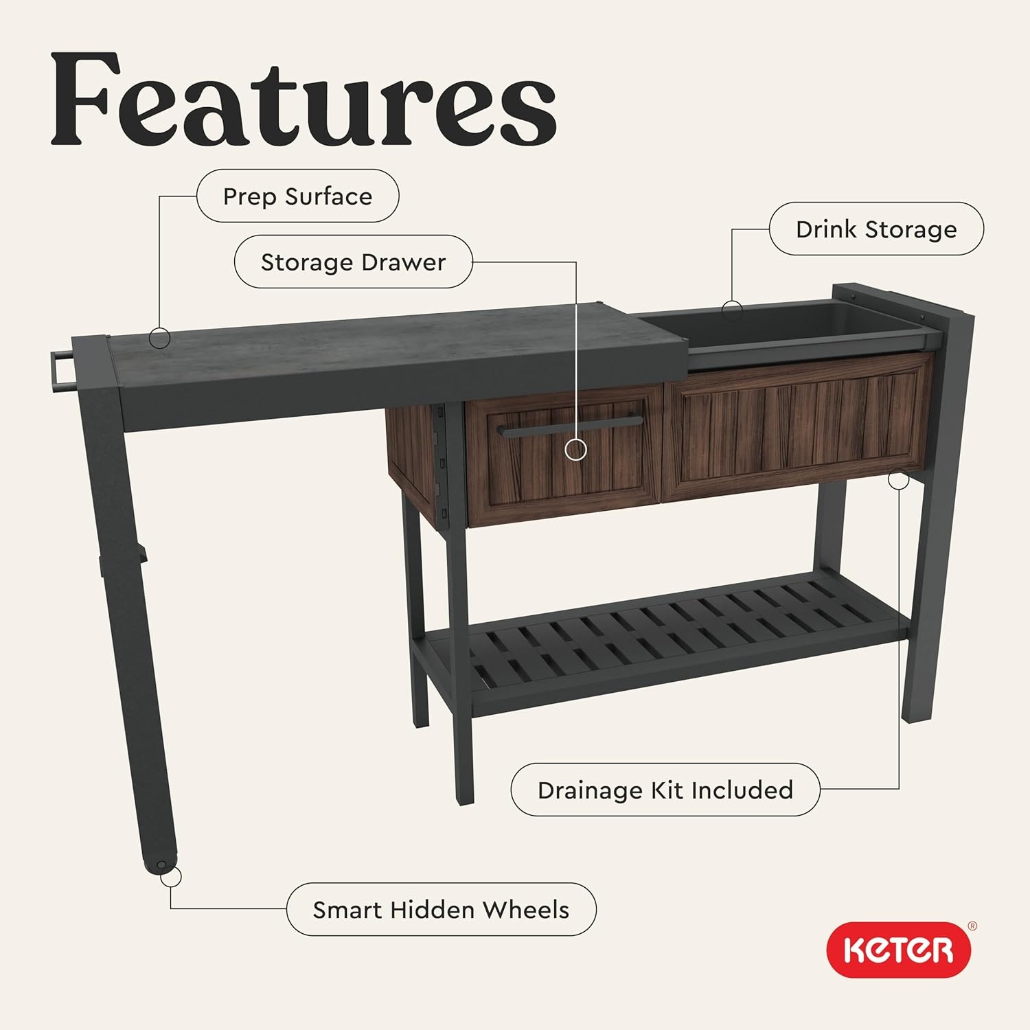 image:imageKeter Unity XL Portable Outdoor Table with Stainless Steel Top for Kitchen Prep and Outdoor Storage Cabinet for Grilling Accessories Dark GreyRosewood