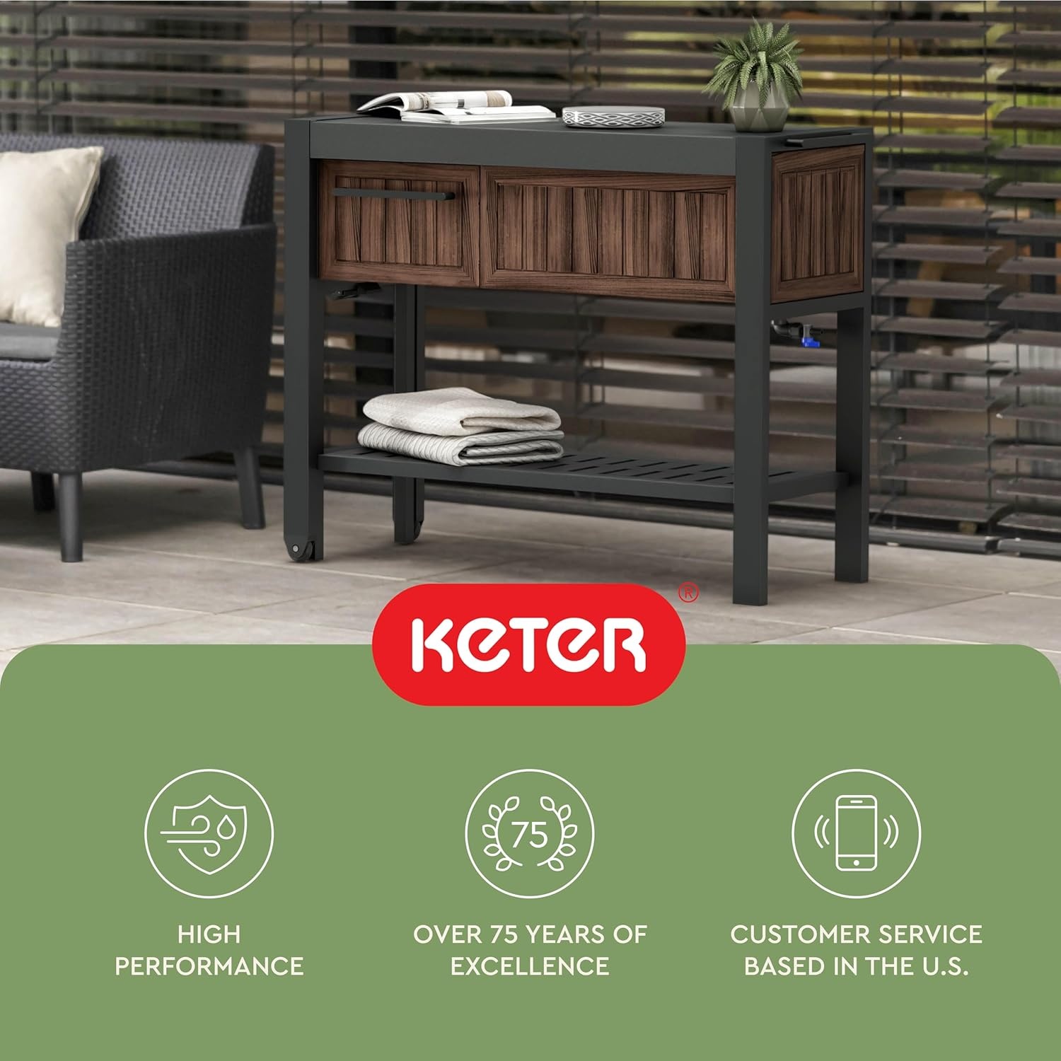 image:imageKeter Unity XL Portable Outdoor Table with Stainless Steel Top for Kitchen Prep and Outdoor Storage Cabinet for Grilling Accessories Dark GreyRosewood