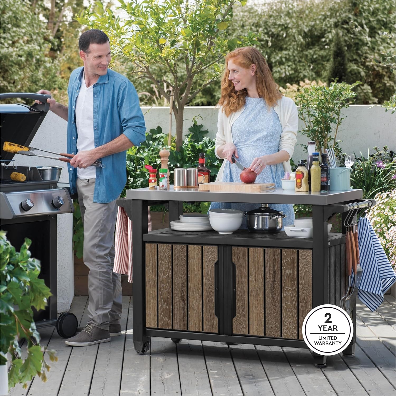 image:imageKeter Unity XL Portable Outdoor Table with Stainless Steel Top for Kitchen Prep and Outdoor Storage Cabinet for Grilling Accessories Dark GreyWalnut