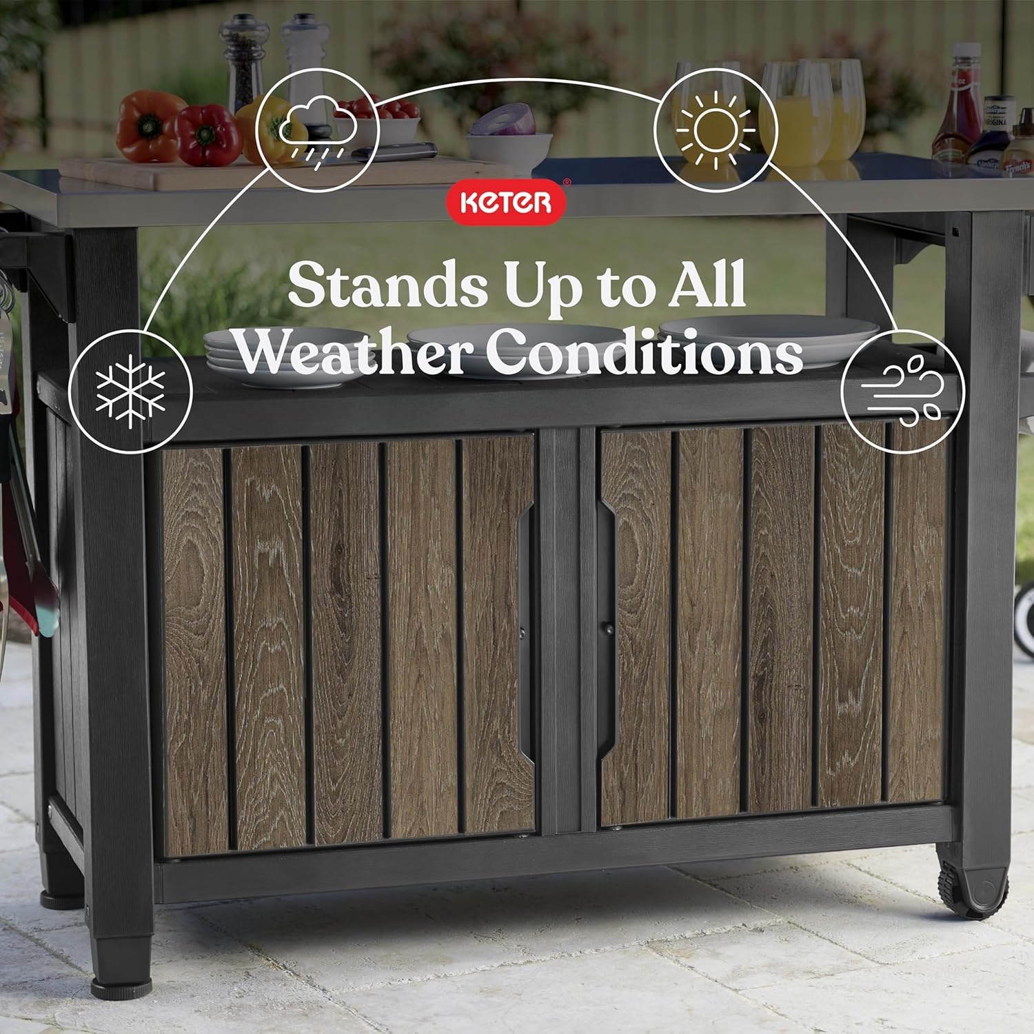 image:imageKeter Unity XL Portable Outdoor Table with Stainless Steel Top for Kitchen Prep and Outdoor Storage Cabinet for Grilling Accessories Dark GreyWalnut