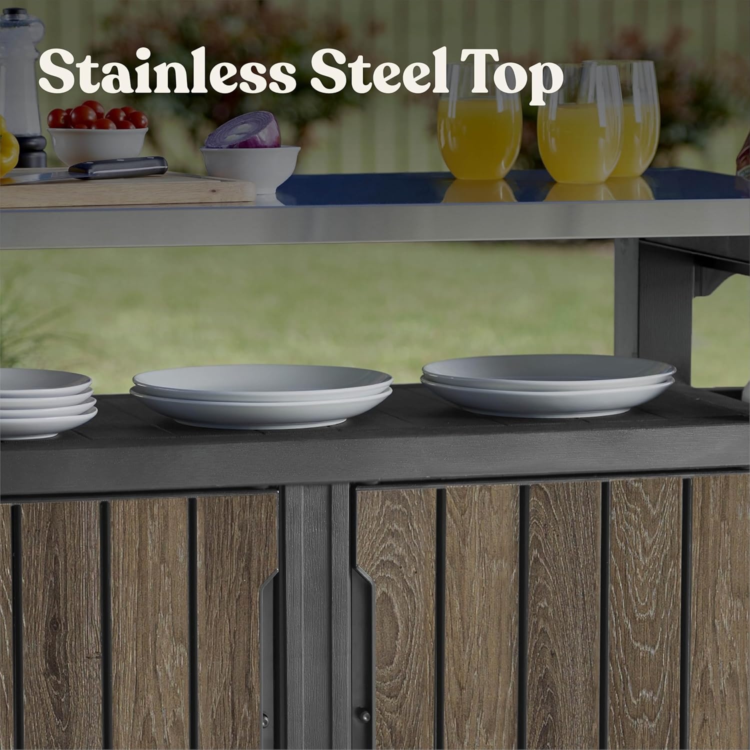 image:imageKeter Unity XL Portable Outdoor Table with Stainless Steel Top for Kitchen Prep and Outdoor Storage Cabinet for Grilling Accessories Dark GreyWalnut